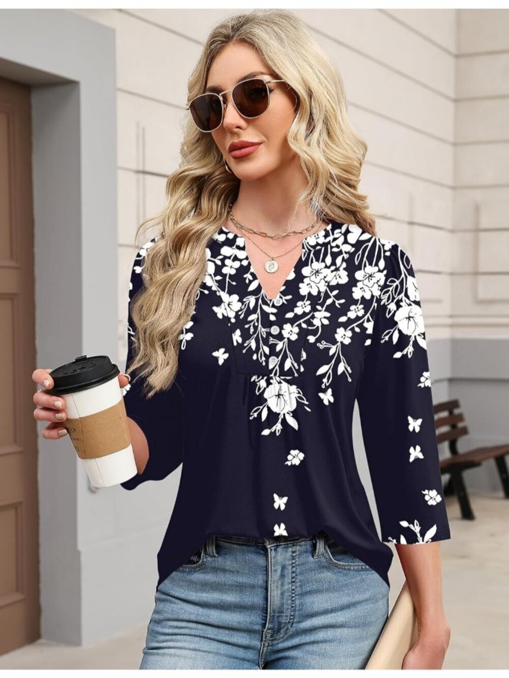 Women's Navy White Long Sleeve Casual Henley V-Neck Floral T-Shirts Loose Fit - Picture 4 of 5
